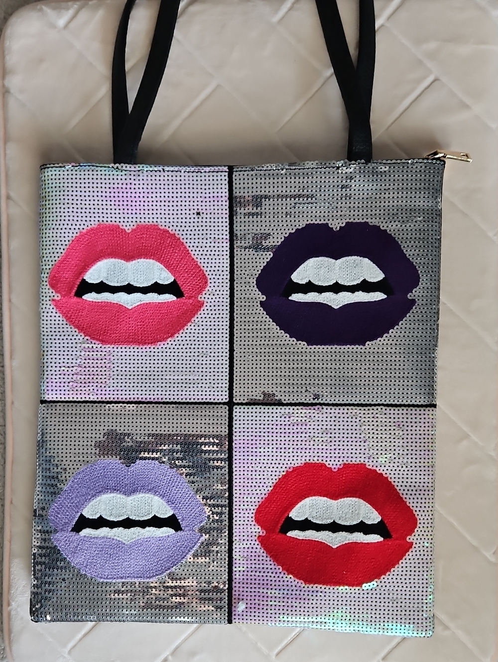 Sequined Pop-Art Lip Tote Bag in Pink, Purple, Lilac, Red